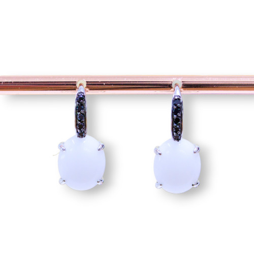 Closed Hook Earrings Of 925 Silver With Black Zircons And White Agate Cabochon 10x23mm