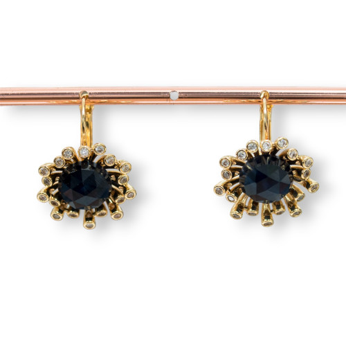 Bronze Closed Hook Earrings With Zircons And Cat's Eye 22x29mm Golden Black