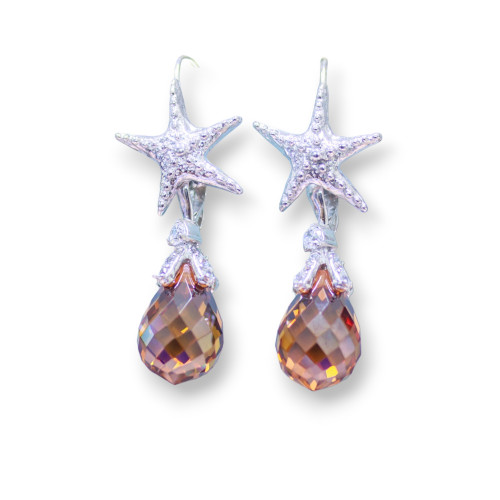 925 Silver Earrings With Starfish And Briolette Drops Faceted With Champagne Zircons 16x40mm