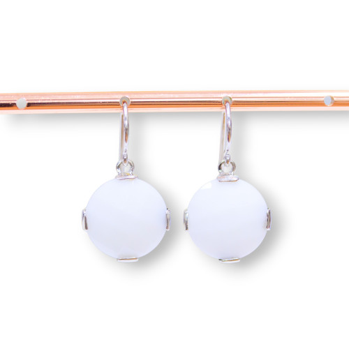 925 Silver Hook Earrings With White Agate Flat Round 17x30mm