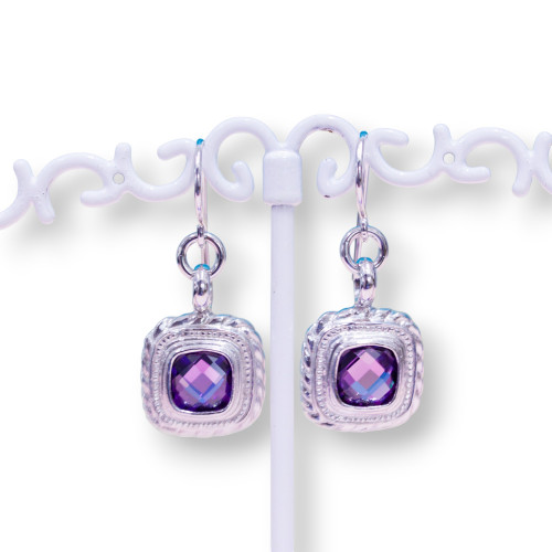 925 Silver Lever Earrings With Heat-diffused Amethysts Set in Rhodium 15x35mm