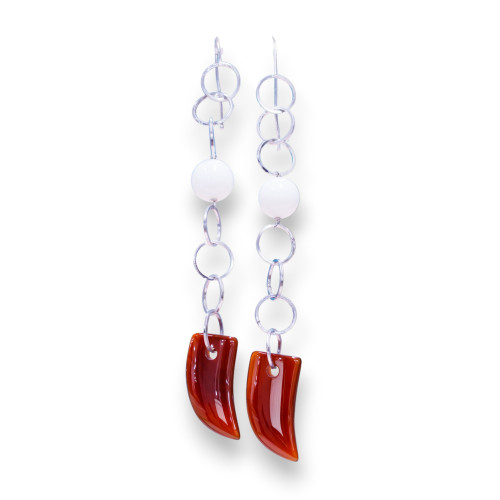 925 Silver Lever Earrings With Chain And Carnelian Horn 15x110mm