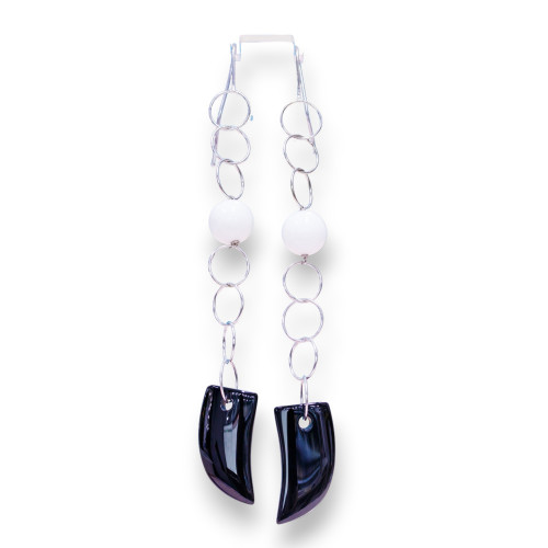 925 Silver Lever Earrings With Chain And Onyx Horn 15x110mm