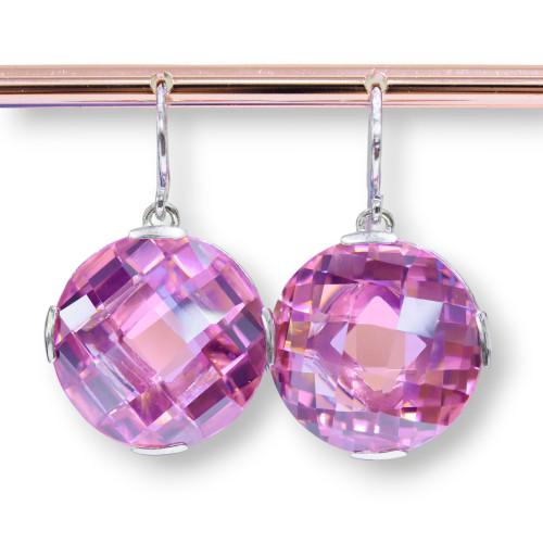 925 Silver Lever Earrings With Pink CZ Crystals 22x33mm