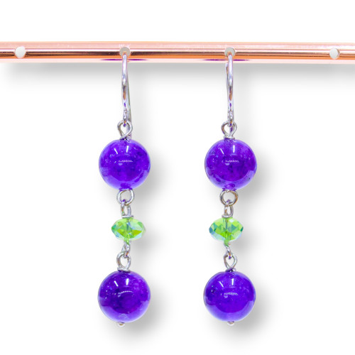 925 Silver Hook Earrings With Purple Jade And Crystal Rondelle 10x50mm