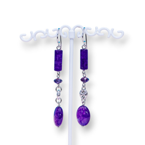 925 Silver Hook Earrings With Purple Jades And 925 Silver Creoles 12x72mm Rhodium Plated