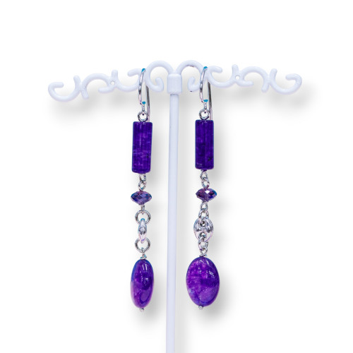 Orecchini A Monachella Di Argento 925 Con Giade Viola E Creole Di Argento 925 12x72mm Rodiato