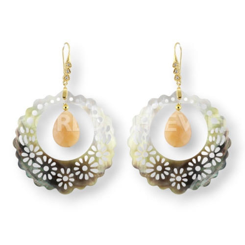 925 Silver Lever Earrings With Openwork Mother-of-Pearl And Orange Jade