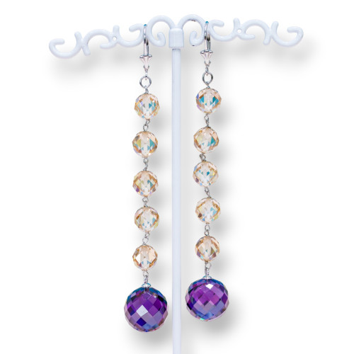 925 Silver Hook Earrings With Faceted Natural Zircon Spheres 14x92mm Purple