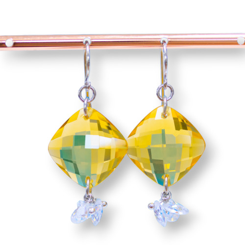 925 Silver Hook Earrings With Zircons In A Flat Rhombus, Faceted And Oval 22x47mm