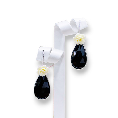 925 Silver Hook Earrings And Black Crystal Cabochon 18x46mm