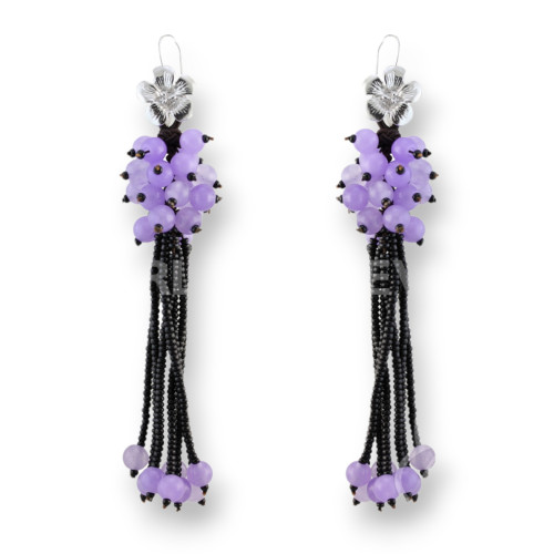 925 Silver and Semiprecious Stone Earrings with Clusters and Fringes with Lilac Jades