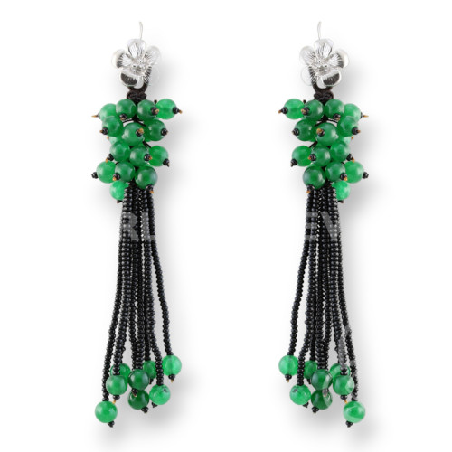 925 Silver and Semiprecious Stone Earrings with Clusters and Fringes with Green Jades