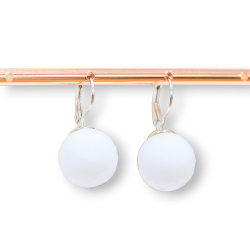 Closed Hook Earrings Of 925 Silver With White Agate Faceted Sphere 12x24mm