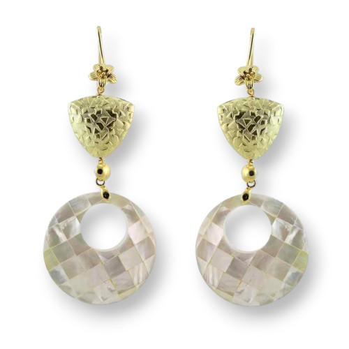 Golden Bronze Lever Earrings With Mother of Pearl and Perforated Round Mosaic
