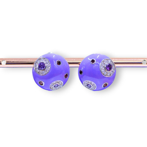 Closed Stud Earrings of 925 Silver Enamelled and Set with Round Stones 17mm