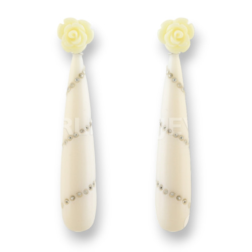 925 Silver Stud Earrings with Resin Rose and Pasta Drop with Rhinestones - White