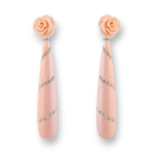 925 Silver Stud Earrings with Resin Rose and Pasta Drop with Rhinestones - Pink