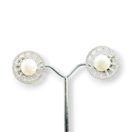 925 Silver Stud Earrings with Zircons and River Pearls 20mm