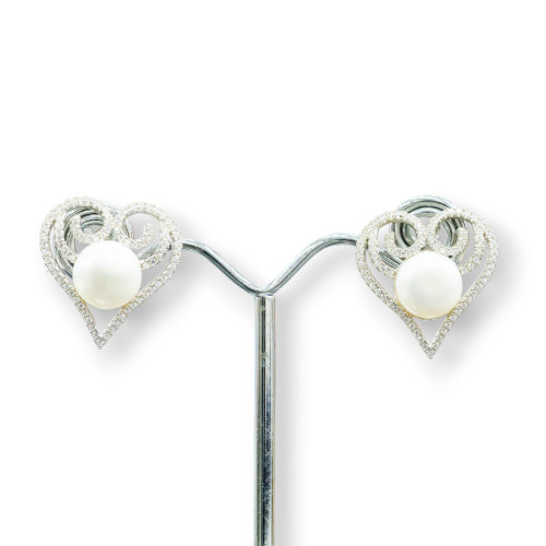 925 Silver Stud Earrings with Zircons and Heart River Pearls 20mm