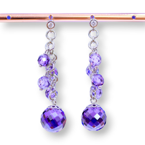 925 Silver Stud Earrings With Light Point And Purple Faceted Zircon Spheres And Chain