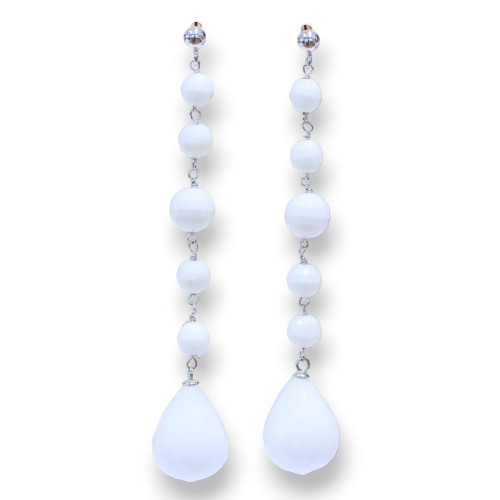 925 Silver Stud Earrings With White Agate Rosary Chain And Faceted Drop 14x75mm