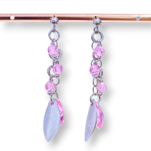 925 Silver Stud Earrings With Silver Leaves And Pink Faceted Oval Zircons 15x50mm