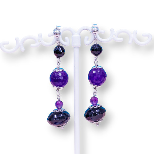 925 Silver Stud Earrings With Onyx And Faceted Purple Jade 12x50mm