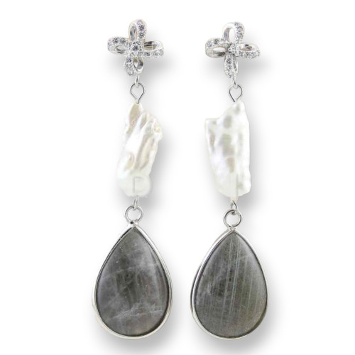 925 Silver Stud Earrings With River Pearls And Labradorite Drop 15x58mm
