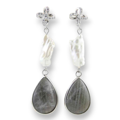 Orecchini A Perno Di Argento 925 Con Perle Di Fiume E Goccia Di Labradorite 15x58mm