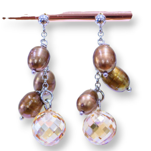 925 Silver Stud Earrings With River Pearls And Faceted Champagne Zircon Spheres 12x43mm