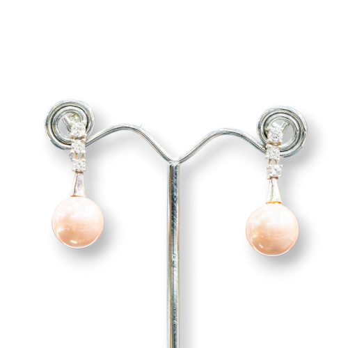 925 Silver Stud Earrings With Light Points And Majorcan Pearls 14x34mm Rhodium Plated Pink
