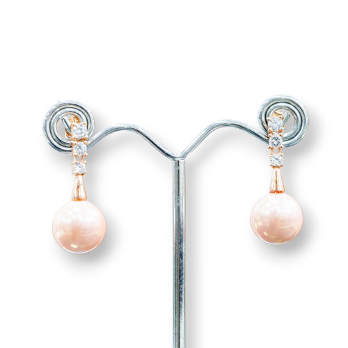 Boucles D'oreilles Puces En Argent 925 Avec Points Lumineux Et Perles De Majorque 14x34mm Rose