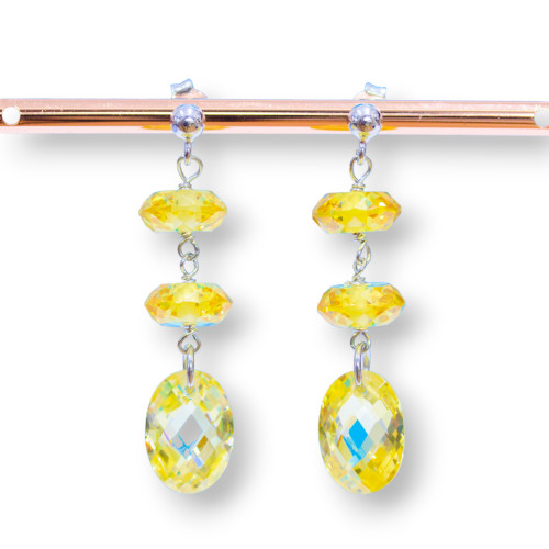 925 Silver Stud Earrings With Faceted Rondelle And Citrine Zircon Oval 10x42mm