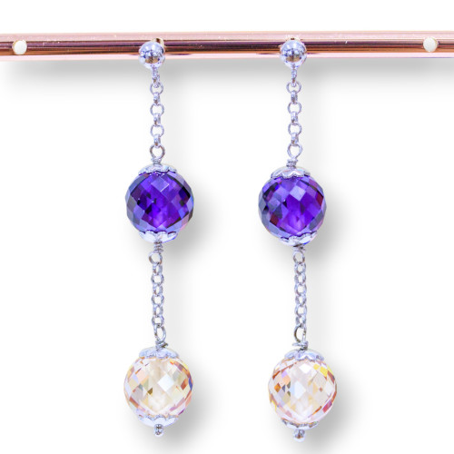 925 Silver Stud Earrings With Faceted Zircon Spheres And Rolo Chain 10x58mm