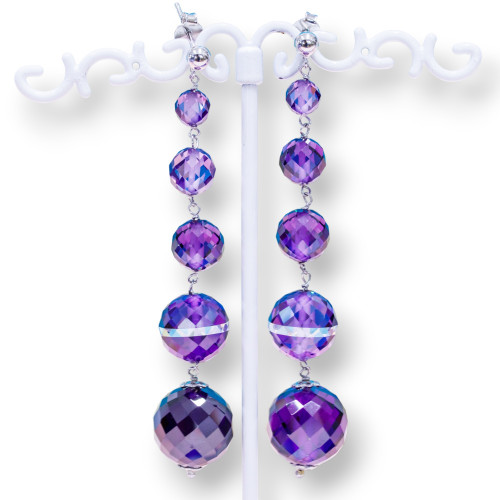 925 Silver Stud Earrings With Faceted Natural Zircon Spheres 14x70mm Purple