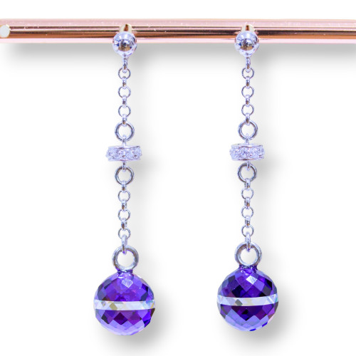 925 Silver Stud Earrings With 10mm Faceted Ball Zircons Two-Tone Purple And Zircon Washers