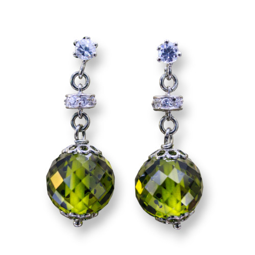 Orecchini A Perno Di Argento 925 Con Zirconi A Sfera Sfaccettata E Rondelle Zirconate Peridot 12x33mm