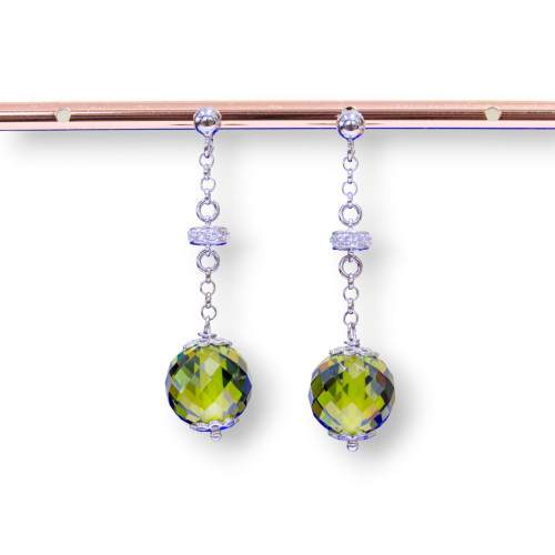 Orecchini A Perno Di Argento 925 Con Zirconi A Sfera Sfaccettata E Rondelle Zirconate Verde Peridot 12x45mm