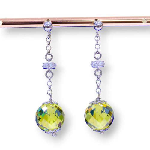 925 Silver Stud Earrings With Faceted Ball Zircons And Light Peridot Green Zircon Washers 12x45mm