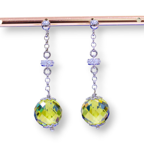 Orecchini A Perno Di Argento 925 Con Zirconi A Sfera Sfaccettata E Rondelle Zirconate Verde Peridot Chiaro 12x45mm