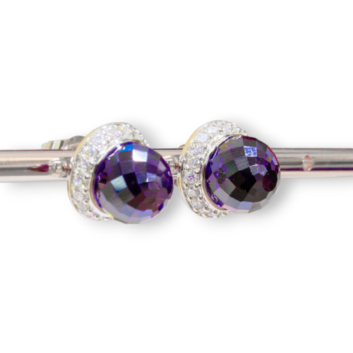 925 Silver Stud Earrings with Set Zircons and CZ Amethyst Sphere 13mm