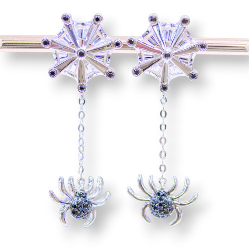 925 Silver Stud Earrings With Zircons Set Spider And Spider Web 20x50mm