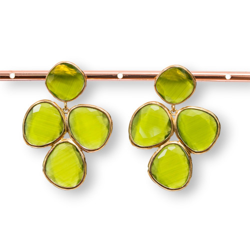 Bronze Stud Earrings With Cat's Eye Set 34x48mm Acid Green Golden