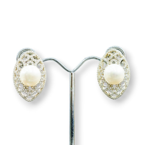 925 Silver Stud Earrings With Zircons And River Pearls 18x27mm