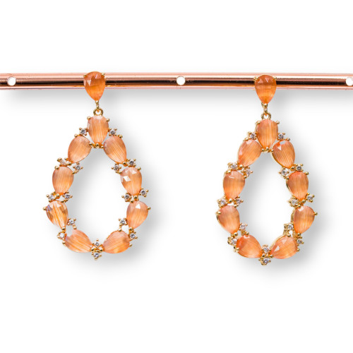 Bronze Stud Earrings With Cat's Eye Set Drop With Zircons 25.5x44mm Golden Orange