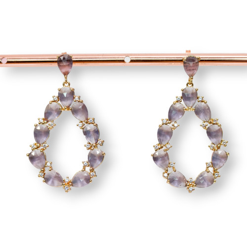 Bronze Stud Earrings With Cat's Eye Set Drop With Zircons 25.5x44mm Golden Purple