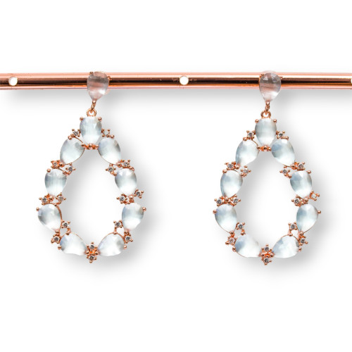 Χάλκινα καρφωτά σκουλαρίκια με Cat's Eye Set Drop With Zircons 25,5x44mm Rose Gold Aqua