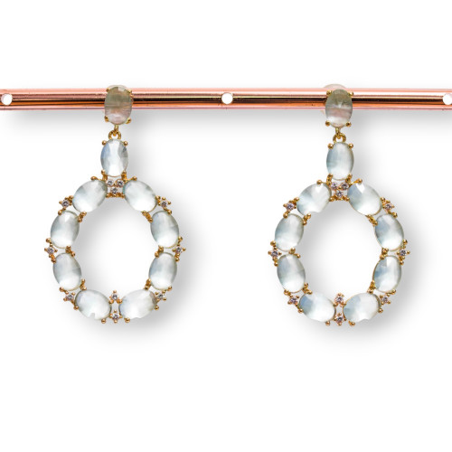 Bronze Stud Earrings With Cat's Eye Set Oval With Zircons 25.5x42mm Golden Aqua
