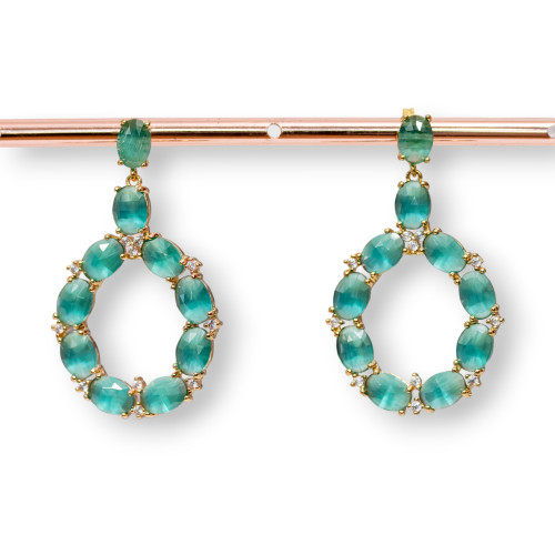 Bronze Stud Earrings With Cat's Eye Set Oval With Zircons 25.5x42mm Golden Emerald Green